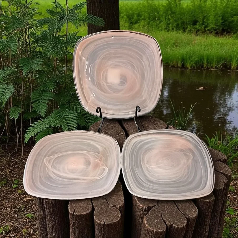 3 Pier 1‎ Alabaster Glass Plate Side Salad Dessert Lunch Niveus Pink Beige Swirl